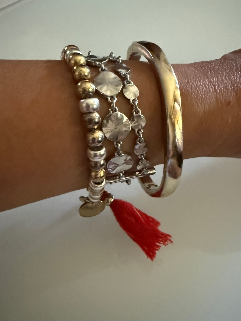 J Crew Mixed Metal Beaded Charm Tassel Stack Toggle Disc Bangle Bracelet Set